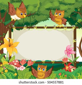 Frame template with three owls flying in jungle illustration