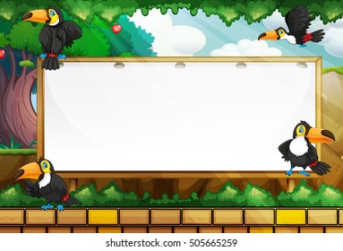 Frame template with toucans flying illustration