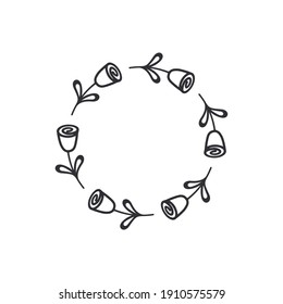 Frame template. Wreath. Round frame with roses. Hand drawn floral wreaths. Vector hand drawn design element. Round border with space for text. Rose wreath. Logo template. Plant frame. Flowers frame.