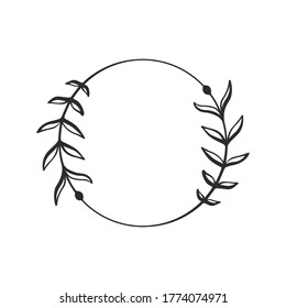 Frame template. Wreath. Round frame with vine. Hand drawn floral wreaths. Vector hand drawn design element. Round border with space for text. Leaf wreath. Logo template. Plant frame.