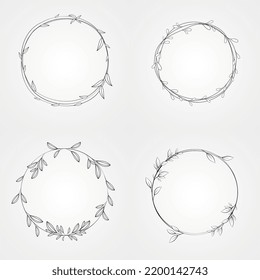 Frame template. Wreath. Round frame with vine. Hand drawn floral wreaths. Hand drawn design element.