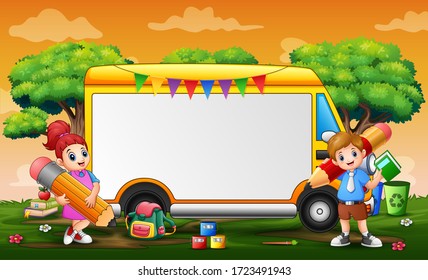 Frame template with yellow car and children