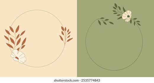 Frame templates with a floral motif in a simple style with leaves and flowers - wedding invitations, welcome, baby shower, postcards, birthday cards, greeting cards, women's day.