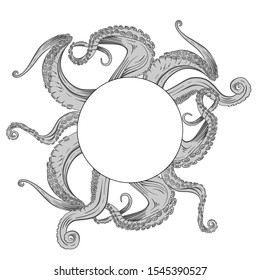  Frame with tentacles of an octopus. Hand drawn vector. isolated on white background. design with copy space.