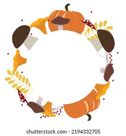Frame for text with autumn background. Copy space for text with fall element.  Post for web or card for print. Mushrooms, pumpkin, leaves, berry.
