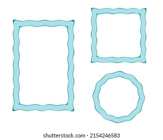 Marcos, conjunto de borde. Trazos de líneas de onda de pincel dibujado a mano, color azul marino. Forma geométrica de la corona circular, cuadrada y rectangular. Marcos vacíos para espacio de texto. Vector