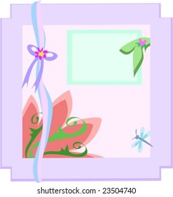 Frame with Text Box, Dragonfly, Flowers, Vines, Ribbon and Bow Vector