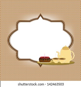 Frame for text with cake, teapot, two cups. EPS10 vector.