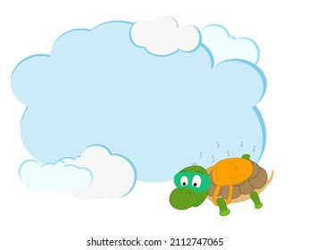 Frame for text with the character of a turtle that jumps with a parachute. Vector text form in cartoon style. Hand-drawn comic turtle