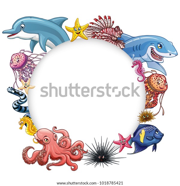 白い背景に海中の海洋動物や魚をカラフルにデザインするフレームテキスト円 ピンクのタコ サメなどのイルカ カード 証明書用のベクターカートーンイラスト のベクター画像素材 ロイヤリティフリー
