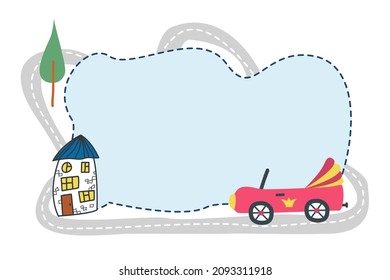 Marco para texto con un auto lindo. Auto de dibujos animados vectores, casa y el camino a su alrededor. Espacio para el texto con un lindo coche bebé. Plantilla para niños para letras para imprimir