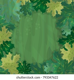 Frame for text decoration. Enchanted forest with green maple leaf - cartoon