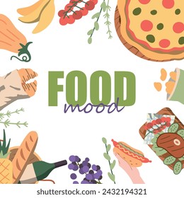 frame with text, delicious variety of picnic food around the inscription. croissants, hot dogs, meat, wine, fruit, pizza and snacks. vector illustration on white background
