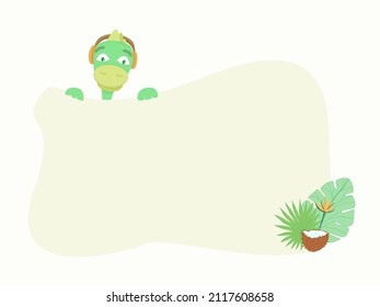 Marco para texto con dinosaurio, hojas de palma y coco. Divertido personaje de dinosaurio de dibujos animados en audífonos con coispace. Marco de la caricatura infantil para texto simple