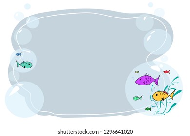 Frame for text with fish cartoon. Childrens frame for text. Vector baby frame for your text. School frame for text.