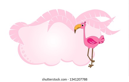 Frame for text with flamingo. Infobox with a cartoon character. Tropical frame for banner, text with flamingos and palm leaves