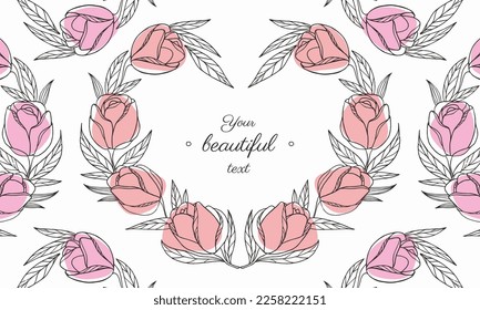 Frame for text with flowers and leaves. romantic floral decor. background with flowers.