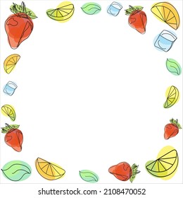 Frame for text, fruit background, strawberries, citrus slices, ice and mint.