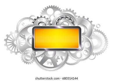 Frame for text. Gears of the mechanism. Industrial background. Brilliant steel.