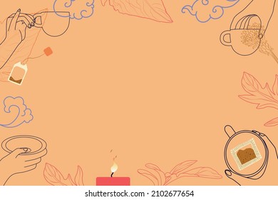 frame for text with hands are holding a cup, teapot, tea bag, candle, flowers and leaves