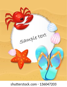 Frame for text with krabo, shells and beach shoes on the background of sand. The concept of a beach holiday.