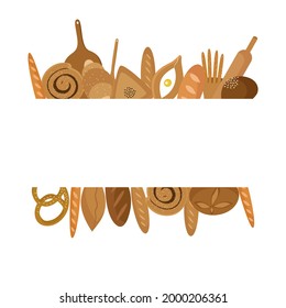 A frame for a text made of bread products. Buns, loaves, baguettes, pretzel, croissant. Vector illustration isolated on a white background.
