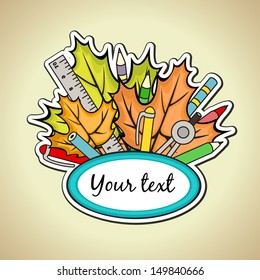 frame for text with maple leaves, pens, pencils, stationery, banner