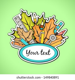 frame for text with maple leaves, pens, pencils, stationery, banner