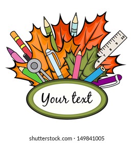 frame for text with maple leaves, pens, pencils, stationery, banner