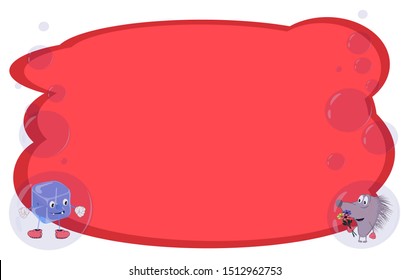 Frame for text and notes with cartoon characters an ice cube and a hedgehog on a red background in bubbles. Vector for banners or cards on different topics.