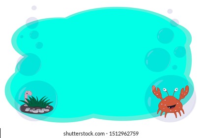 Frame for text and notes with cartoon characters worm and crab on a mint background in bubbles. Vector for banners or cards on a different topic.