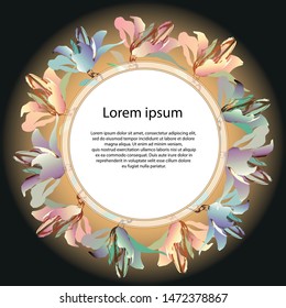 Frame for text on a dark background. Inked colorful flowers. Elegant design for invitations, greetings.