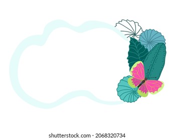 Frame for text with palm leaves and butterfly. Floral frame for inscriptions and text in design. Cover templates for notepad