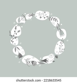 Frame for text or photo. Winter pattern. Monochrome colors. Ideal for printing postcards, notebooks, notebooks, mugs, invitations.
