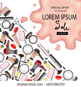 Frame for text with a set of beauty items. Cartoon style. Vector illustration