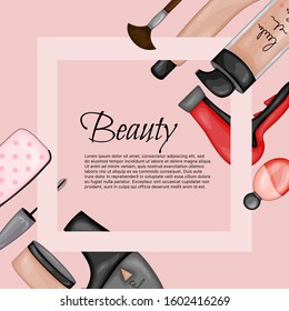 Frame for text with a set of beauty items. Cartoon style. Vector illustration