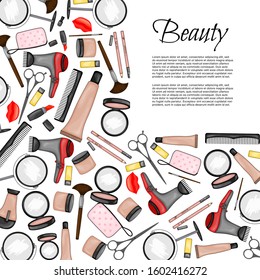 Frame for text with a set of beauty items. Cartoon style. Vector illustration