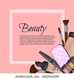 Frame for text with a set of beauty items. Cartoon style. Vector illustration