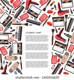 Frame for text with a set of beauty items. Cartoon style. Vector illustration