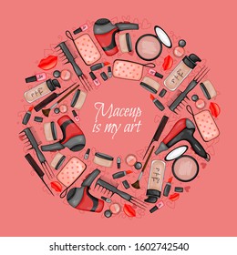 Frame for text with a set of beauty items. Cartoon style. Vector illustration