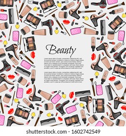 Frame for text with a set of beauty items. Cartoon style. Vector illustration