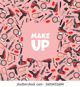 Frame for text with a set of beauty items. Cartoon style. Vector illustration