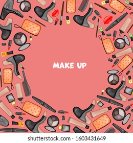 Frame for text with a set of beauty items. Cartoon style. Vector illustration