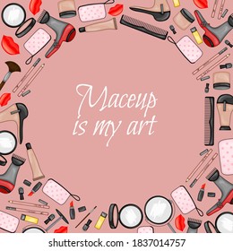 Frame for text with a set of beauty items. Cartoon style. Vector illustration