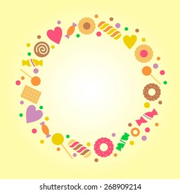 Frame for text with set of sweets, confectionery.
