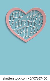 Frame for text in the shape of a heart.  Pattern of musical notes.  Paper cut style.  Vector illustration.