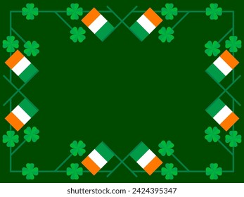 Rahmen für Text zum St. Patrick's Day mit irischen Fahnen und Kleeblättern. Grenze mit grünen vierblättrigen Kleeblättern. Rahmendesign für Text, Grußkarte und Einladung. Vektorgrafik