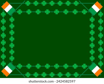 Frame for text for St. Patrick's Day with Irish flags and clover leaves. Border with green four-leaf clovers. Frame design for text, greeting card and invitation. Vector illustration