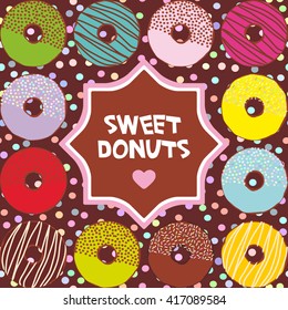frame for text. Sweet donuts set with icing and sprinkles isolated, banner design, card template, pastel colors on brown polka dot background. Vector
