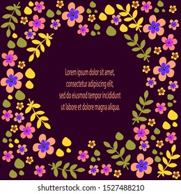 Frame for text. Vector. Consists of flowers and twigs. Black background. Bright doodles. Suitable for decorating cards, invitations.
